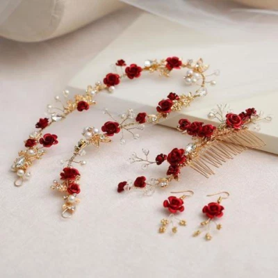 Bridal Hair Accessories Red Floral Headband Gold Wedding Hair Comb Earrings Gift - Image 1 of 4