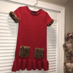Rachel Zoe Sz4 Age 3-4Girls  Knit Sweater Dress Red Feau Fur ￼Christmas & Purse