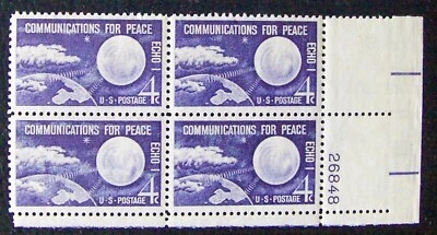 US 4c stamp SC #1173, Communications For Peace MNH 1960 plate block of 4 - Image 1 of 2