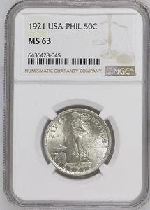 US PHILIPPINES 50 Centavos 1921 Silver NGC MS63 - Picture 1 of 6