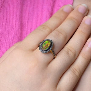 Opal Gemstone Ring 925 Sterling Silver 14K Gold Diamond Pave Fine Gift Jewelry - Picture 1 of 6