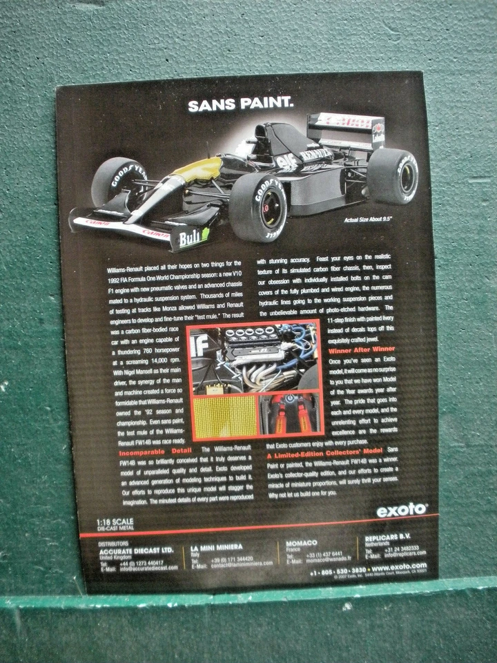Exoto Williams Renault 1992 Temporada F1 Modelo 1/18 Coche de Carreras Juguete Anuncio A Foto 1 de 1