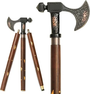 Vintage Foldable Wooden Walking Stick with Axe Handle Handcrafted Hardwood - Picture 1 of 5
