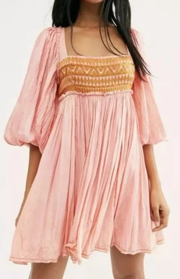Mini Vestido Free People Sahara Rosa Salmón Exagerado Puff Slv Bordado Talla M Foto 1 de 4