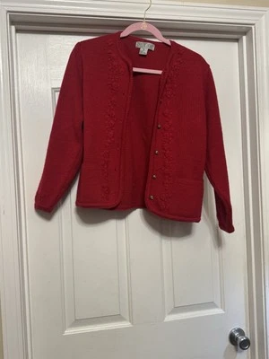 复古水晶神户女式 M 码开衫毛衣红色金色纽扣花卉 — 第 1/3 张图片