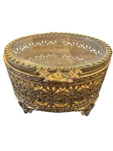 Vintage Ornate Gold Gilt Filigree Glass Jewelry Casket Vanity Box Velvet Lined - Picture 1 of 15