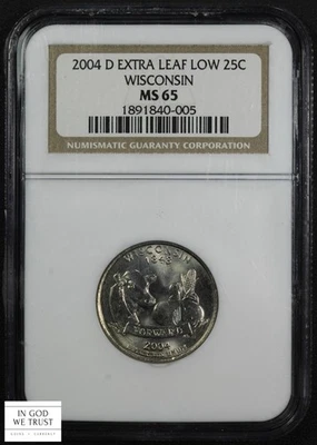 2004 D Extra Low Leaf Wisconsin George Washington State Quarter 25C NGC MS 65 - Image 1 of 4