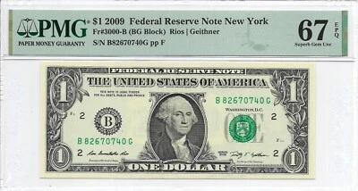 2009 $1 NEW YORK FRN. PMG Superb GEM Uncirculated 67 EPQ Banknote. - Image 1 of 2