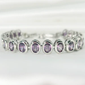 Oval Purple Lab Amethyst Authentic 925 Sterling Silver Topaz Tennis Bracelet Box - Picture 1 of 7