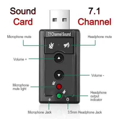 USB PC Laptop to Mic Speaker Headphone 7.1 Channel 3D Audio Sound Card Adapter - Image 1 of 3