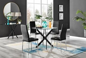 Novara Black Leg Round Glass Dining Table & 4 Velvet Milan Chairs - Picture 1 of 78
