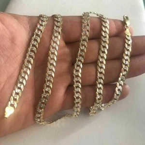 Mens Diamond Cut 6mm Cuban Chain 14k Gold Plated Solid 925 Silver Two Tone ITALY - Picture 1 of 8