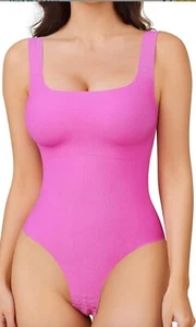 Womens Sexy Ribbed Bodysuit tummy control Sleeveless Square Neck Tank hot pink M - Picture 1 of 11