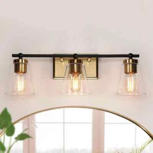 Zevni 22 in. 3-Light Industrial Brass Gold Bathroom Vanity Light Black w/ Glass - Picture 1 of 6