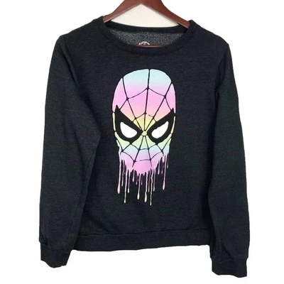 Womens Spiderman Drip Face Graphic Sweatshirt Charcoal Gray Pullover - Image 1 of 3