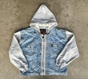 VTG 90’s BUGLE BOY Denim Jean Jacket Built In Hoodie Grunge Skater Workwear XL - Picture 1 of 7