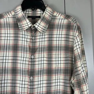 John Varvatos Shirt Men Beige Large Plaid Button Up Long Sleeve Casual Cotton - Picture 1 of 11