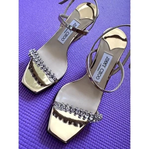 Jimmy Choo Meira Leather Crystal-Embellished Sandals Gold Bridal NEW Size 36.5 - Picture 1 of 6