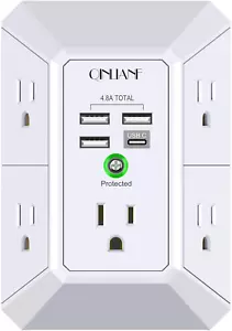 Wall Charger Surge Protector 5 Outlet Extender W/4 USB Charging Ports 4.8A Total - Picture 1 of 7