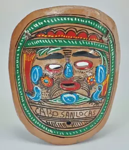 Máscara de recuerdo hecha a mano y pintada estilo azteca de arcilla Cabo Sanlocas. - Imagen 1 de 4