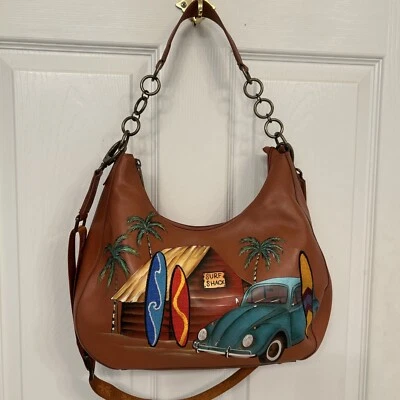 Bolso de hombro Hobo de cuero pintado a mano marrón Anuschka tablas de surf VW Escarabajo Foto 1 de 4