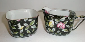 Creamer Sugar Bowl by Gold China Co. Made In Japan Black Floral Flowers  CE - Picture 1 of 7