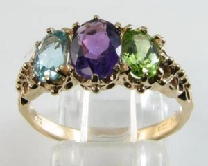 9K 9CT GOLD AMETHYST AQUAMARINE PERIDOT THREE STONE RING Size O & Free Resize - Picture 1 of 5