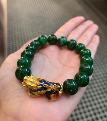 FengShui GreenJade Discolor Gold PiXiu Bracelet Wealth Fortune Collectin Power