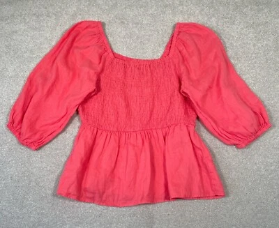 Marks & Spencer Women’s Coral Flamingo Linen Blouse Shirred 3/4 Sleeves Size 12 - Image 1 of 4
