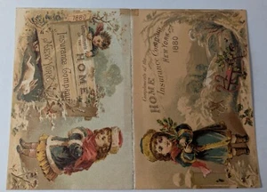 Home Insurance 1880 Calendar Rabbits Children Sled Puppy Victorian Trade Card - Picture 1 of 4