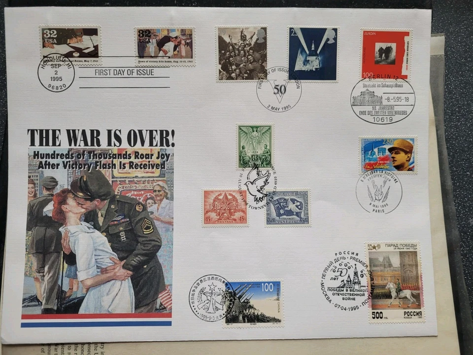 1995 - Seven Country FDC - SEGUNDA GUERRA MUNDIAL - ¡La guerra ha terminado! Gran cubierta conmemorativa Foto 1 de 4