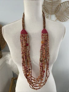 Chico's Necklace Long Statement Natural Wood Beads Pink Orange Layered 36-39" - Picture 1 of 5