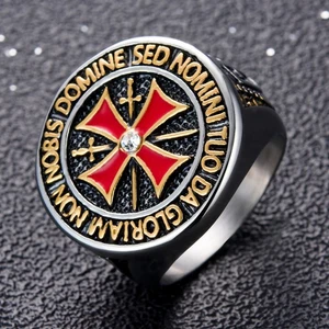 Herren Krieger Tempelritter Kreuz Ring - vergoldet rote Emaille & Kristall Akzent - Bild 1 von 5