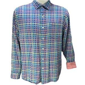 Tommy Bahama Mens Size L Silk Blend Blue Plaid Button Down Long Sleeve Shirt U4 - Picture 1 of 11