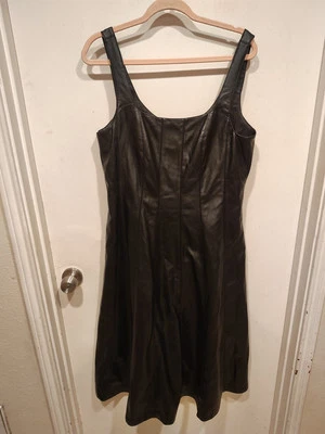 7 For All Mankind NWT Black Faux Leather Fit & Flare Sleeveless Midi Dress Sz L - Image 1 of 4