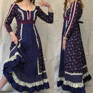 Vintage 70s Cottagecore Navy Blue Calico Autumn Rose Maxi Dress Gunne Sax S/XS - Picture 1 of 17