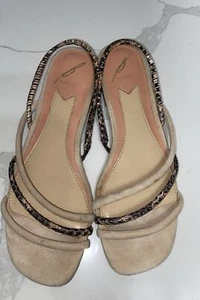 Brian Atwood Maxine Sandals Womens 6 Beige Gray Suede Snakeskin Embossed Flat - Picture 1 of 9