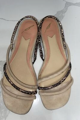 Brian Atwood Maxine Sandals Womens 6 Beige Gray Suede Snakeskin Embossed Flat - Image 1 of 4