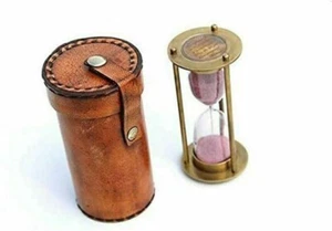 Nautical Antique Brass Sand Timer Hourglass Decor Leather Box Christmas gift - Imagen 1 de 10