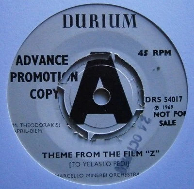 MARCELLO MINERBI ORCHESTRA: THEME FROM THE FILM "Z" (Durium) 1969 Demo 7" - Bild 1 von 2
