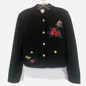 ANDEAWY Women's Black Red Floral Embroidered Jacket Blazer Size 4 Oriential Styl - Picture 1 of 6