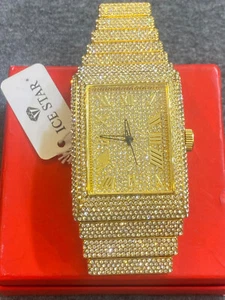 Men Rectangle Big Face Iced up Bezel 40mm CZ Goldtone bling hip hop Watch - Picture 1 of 2