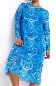 WOMEN PLUS SIZE BLUE SWIRL MARBLE PRINT LONG SLEEVE MIDI DRESS ( SIZE UK24 ) - Picture 1 of 2