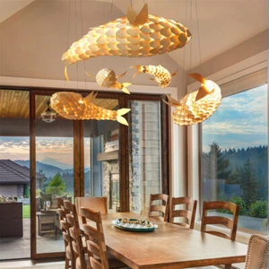 Antique Fish Ceiling Pendant Light Wood Lamp Hand-woven Corridor Club Restaurant - Picture 1 of 15