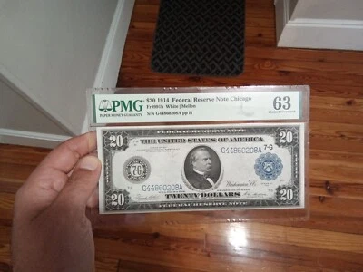 $20 1914 FEDERAL RESERVE NOTE CHICAGO WHITE MELLON PMG 63  FR#991 b  - Image 1 of 4