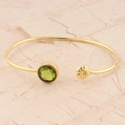 Attractive Round Stone Peridot Quartz 24k Gold Plated Adjustable Bangle Bracelet - Image 1 of 3