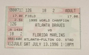 Braves Marlins MLB Ticket Stub John Smoltz CGSO 2 Hitter Cy Young Winner 7/13/96 - Picture 1 of 2