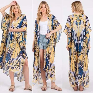 Long Shawl Boho Modern Print Open Long Kimono Yellow and Blue - Picture 1 of 6