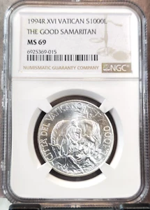 1994 VATICAN SILVER 1000 LIRE S1000L THE GOOD SAMARITAN NGC MS 69 RARE TOP POP - Picture 1 of 3