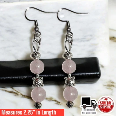 Pendientes colgantes de gancho francés de acero inoxidable tortuga de cuarzo rosa Foto 1 de 3